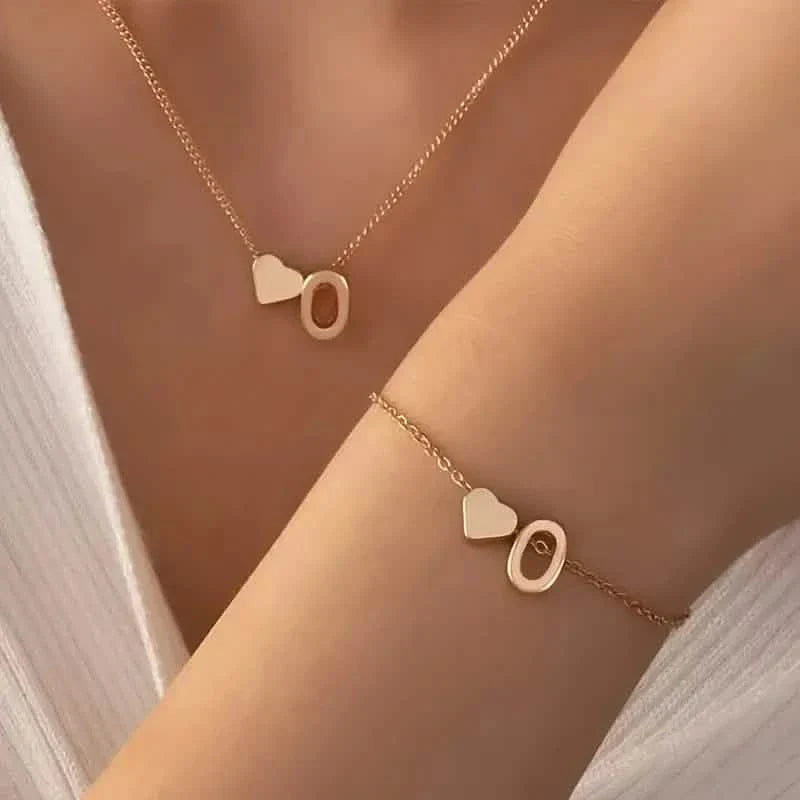 2-Piece Set: Metal Heart And English Letter Necklace And Bracelet DailySale