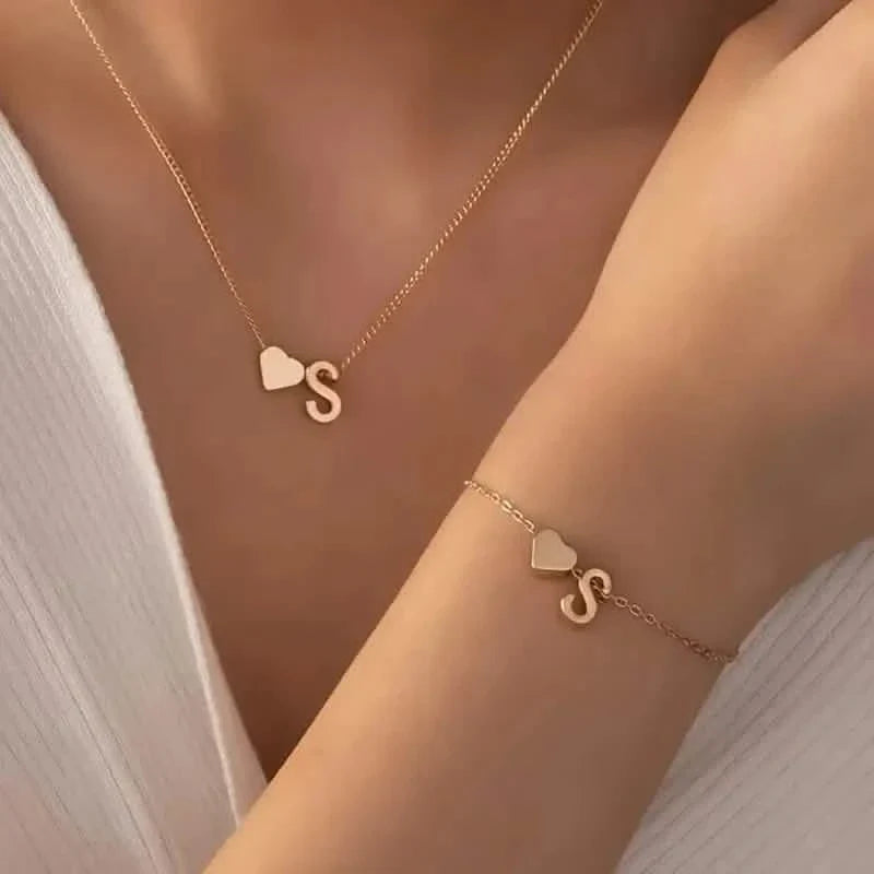 2-Piece Set: Metal Heart And English Letter Necklace And Bracelet DailySale