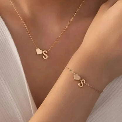 2-Piece Set: Metal Heart And English Letter Necklace And Bracelet DailySale