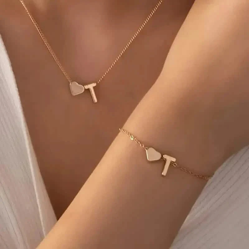 2-Piece Set: Metal Heart And English Letter Necklace And Bracelet DailySale