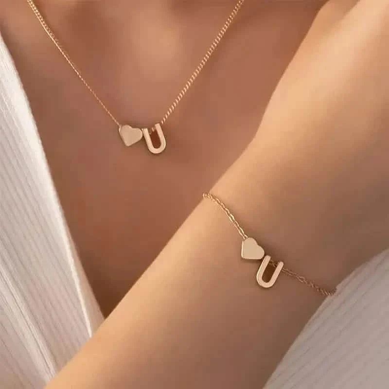 2-Piece Set: Metal Heart And English Letter Necklace And Bracelet DailySale