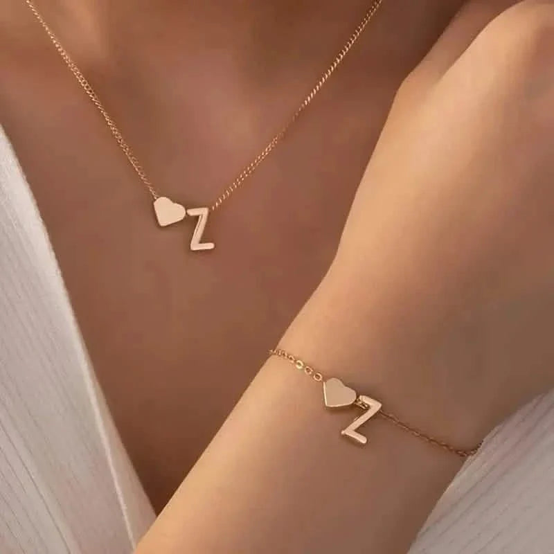 2-Piece Set: Metal Heart And English Letter Necklace And Bracelet DailySale