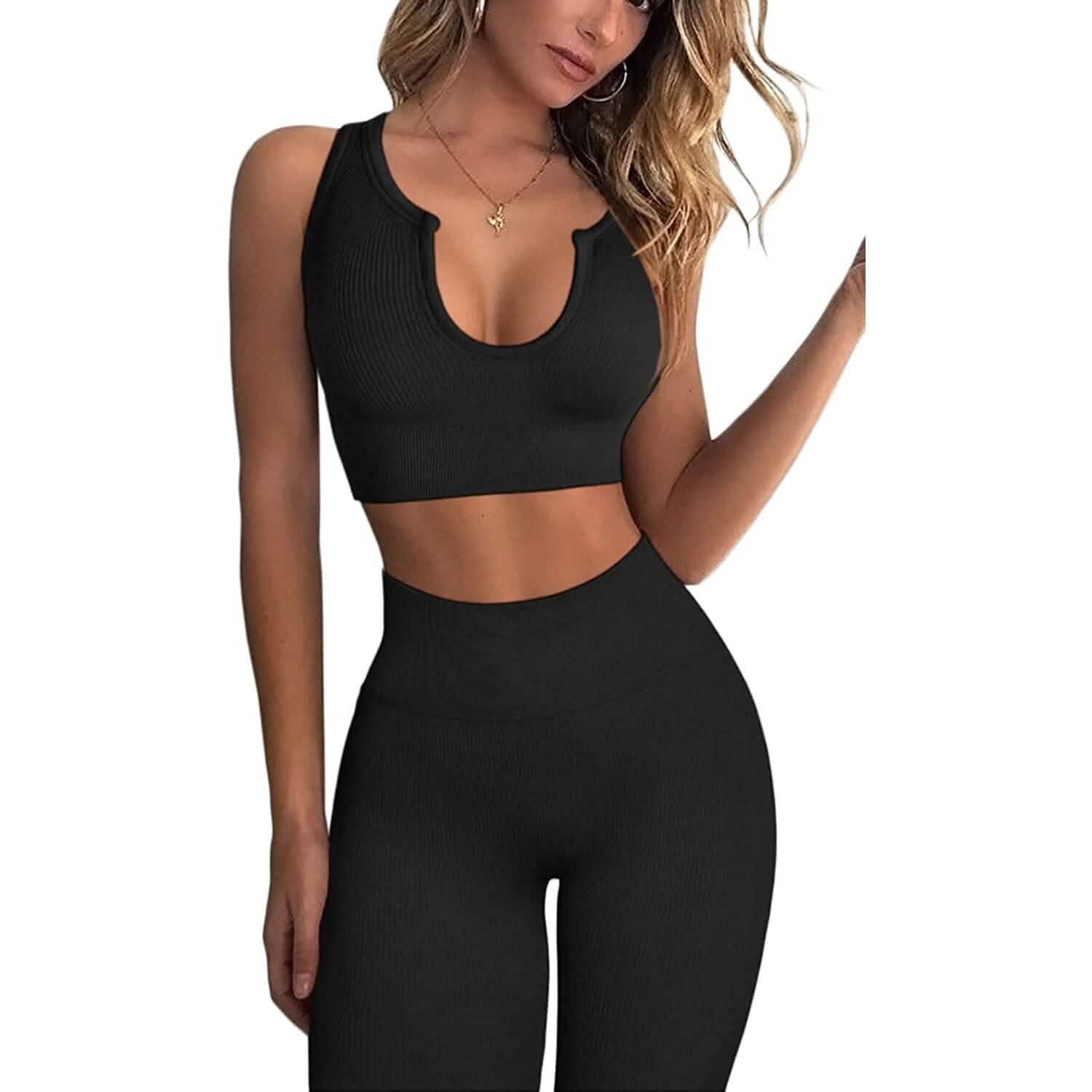 2-Piece Set: Ribbed Seamless Crop Tank High Waist Yoga Leggings DailySale