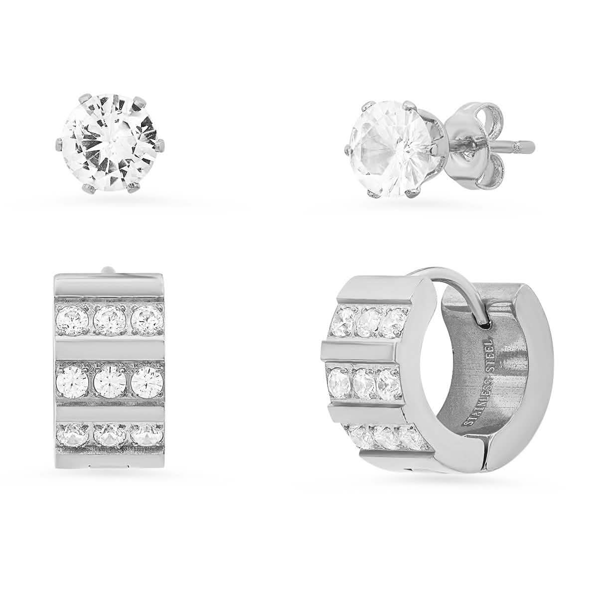 2-Piece Set: Stainless Steel and Simulated Diamond Cross Studs/Huggie Earrings DailySale