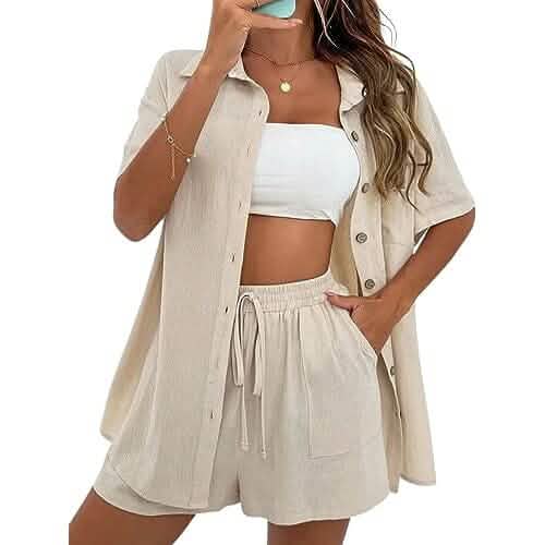 2-Piece Set: Tracksuit Outfit Sets Cotton Linen Shirt and High Waisted Mini Shorts Set DailySale