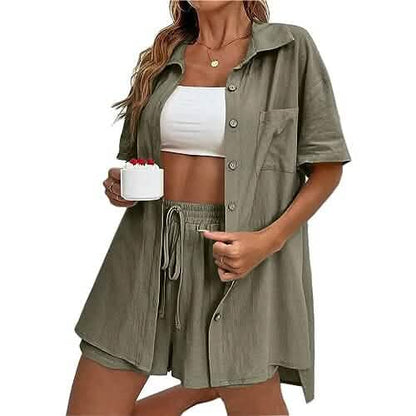 2-Piece Set: Tracksuit Outfit Sets Cotton Linen Shirt and High Waisted Mini Shorts Set DailySale