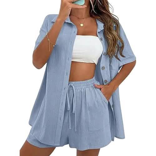 2-Piece Set: Tracksuit Outfit Sets Cotton Linen Shirt and High Waisted Mini Shorts Set DailySale
