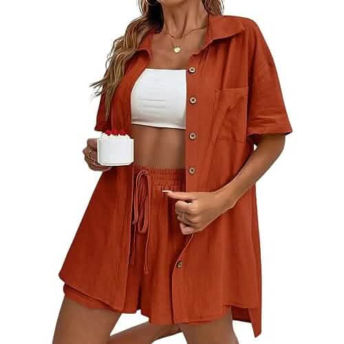 2-Piece Set: Tracksuit Outfit Sets Cotton Linen Shirt and High Waisted Mini Shorts Set DailySale