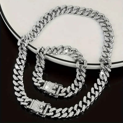2-Piece Set: Unisex Hip Hop Cuban Chain Necklace and 8" Bracelet DailySale