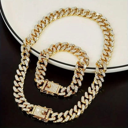 2-Piece Set: Unisex Hip Hop Cuban Chain Necklace and 8" Bracelet DailySale