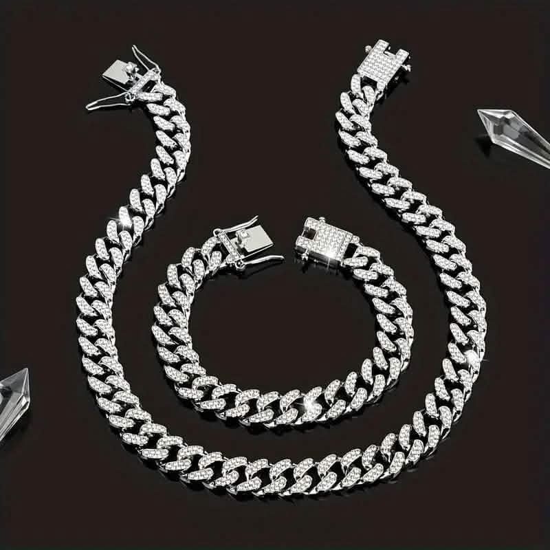 2-Piece Set: Unisex Hip Hop Cuban Chain Necklace and 8" Bracelet DailySale