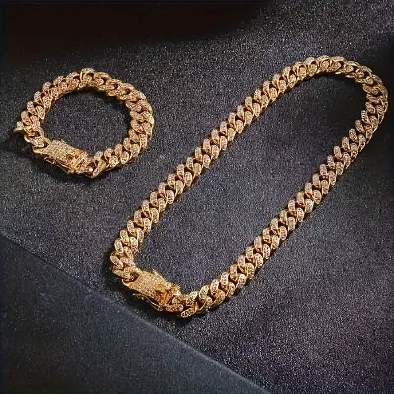 2-Piece Set: Unisex Hip Hop Cuban Chain Necklace and 8" Bracelet DailySale