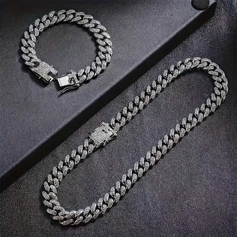 2-Piece Set: Unisex Hip Hop Cuban Chain Necklace and 8" Bracelet DailySale