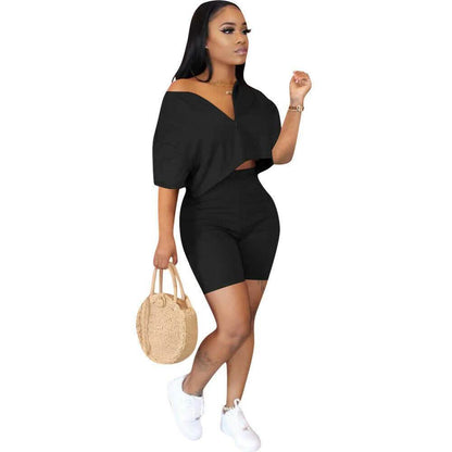 2-Piece Set: Women Solid Color Short Sleeves Zipper Casual Jumpsuit Outfits DailySale