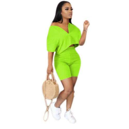 2-Piece Set: Women Solid Color Short Sleeves Zipper Casual Jumpsuit Outfits DailySale