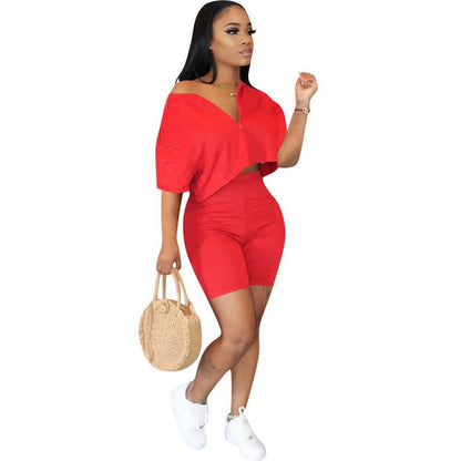 2-Piece Set: Women Solid Color Short Sleeves Zipper Casual Jumpsuit Outfits DailySale