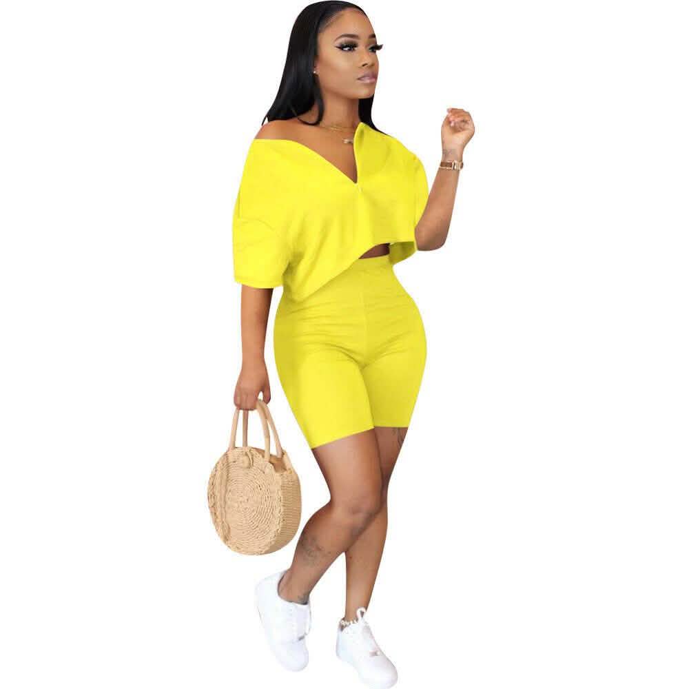 2-Piece Set: Women Solid Color Short Sleeves Zipper Casual Jumpsuit Outfits DailySale