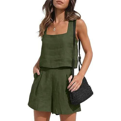 2-Piece Set: Women's Lounge Matching Sets Linen Shorts Crop Tops DailySale
