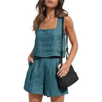 2-Piece Set: Women's Lounge Matching Sets Linen Shorts Crop Tops DailySale