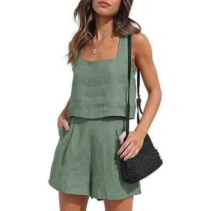 2-Piece Set: Women's Lounge Matching Sets Linen Shorts Crop Tops DailySale