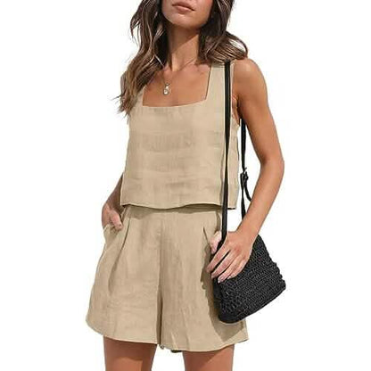 2-Piece Set: Women's Lounge Matching Sets Linen Shorts Crop Tops DailySale