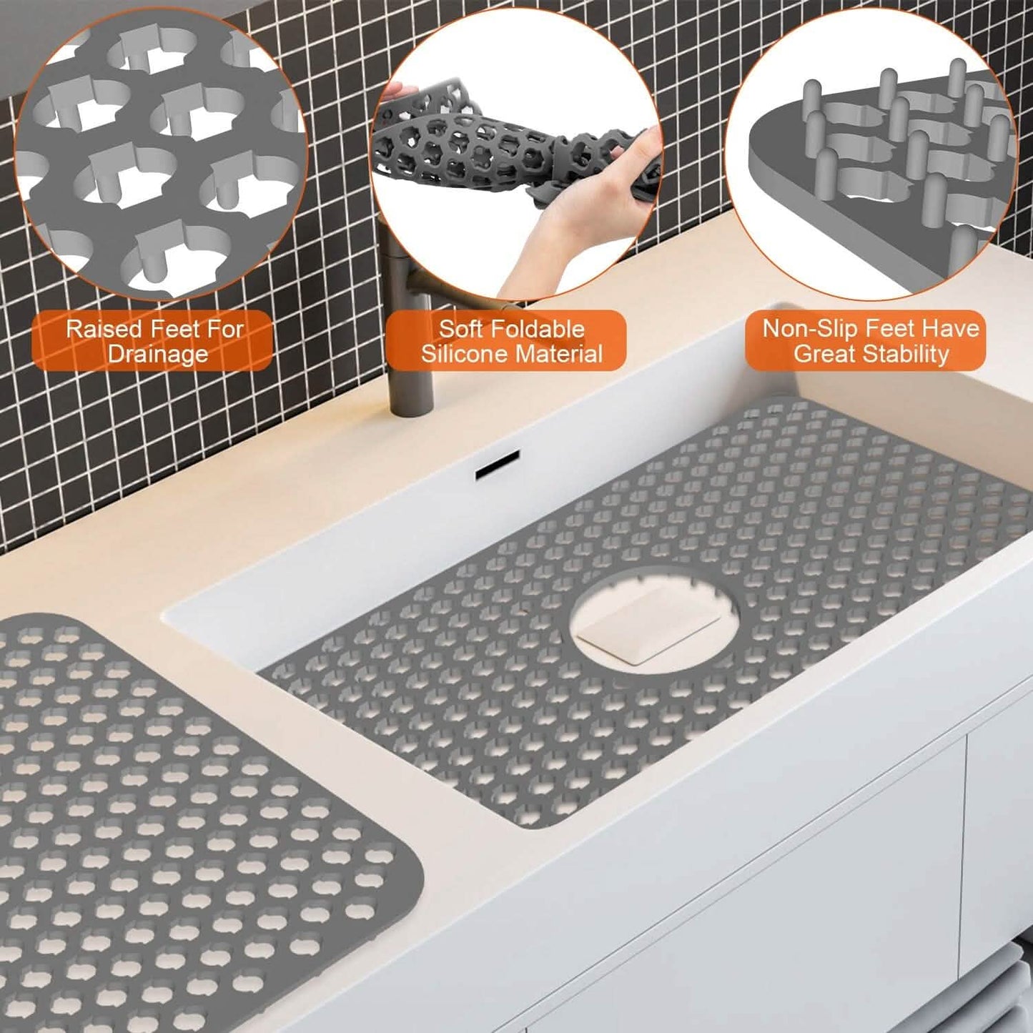 2-Piece: Silicon Grid Sink Mat with Central Drain Hole DailySale