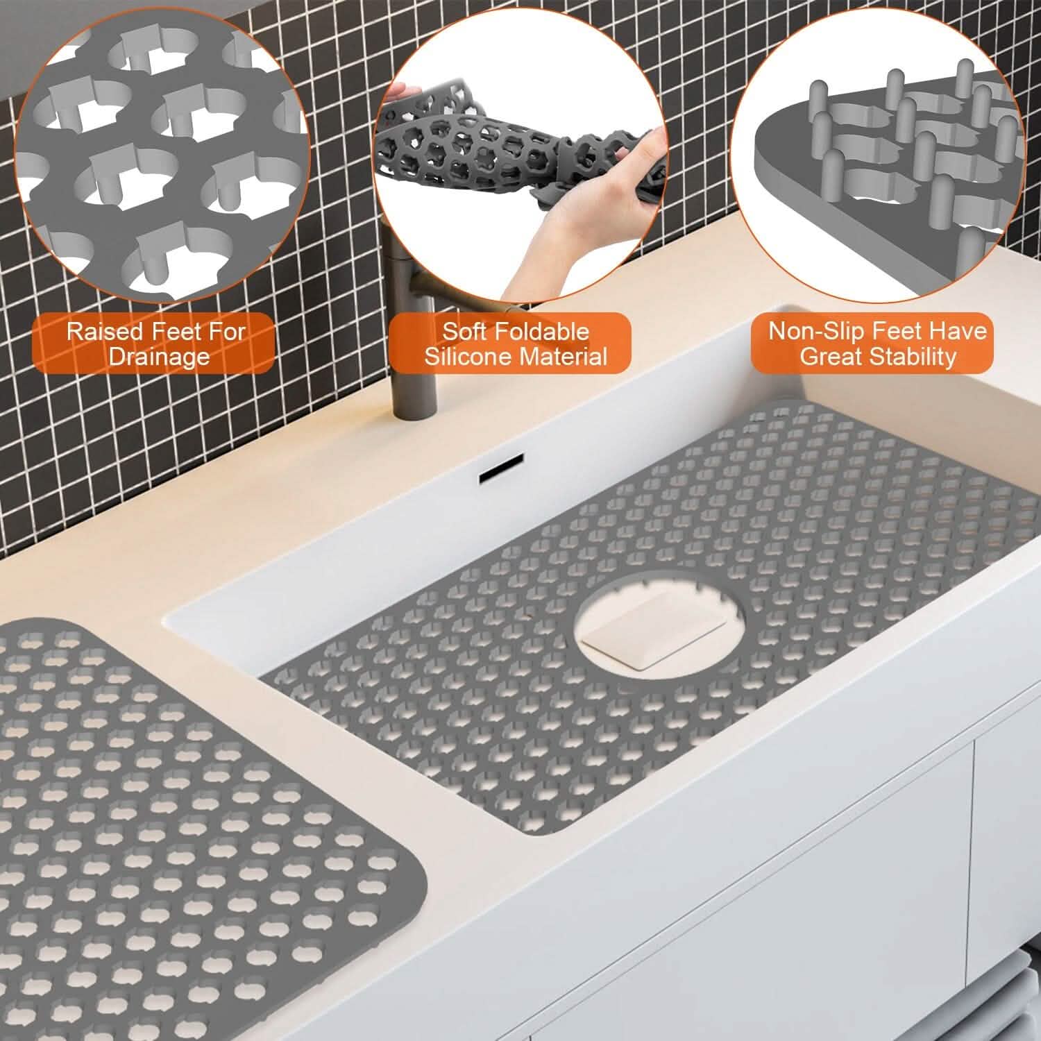 2-Piece: Silicon Grid Sink Mat with Central Drain Hole DailySale