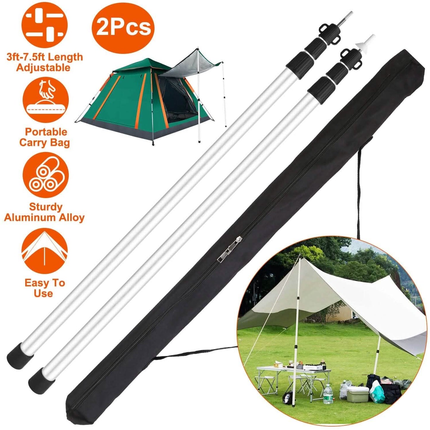 2-Piece: Telescoping Tarp Poles Portable Aluminum Awning Poles DailySale