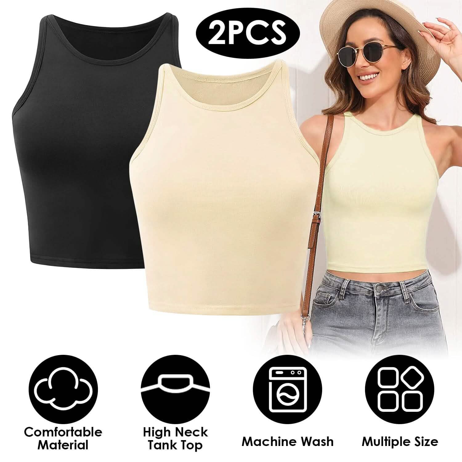 2-Piece: Women Sleeveless Cropped Tank top High Neck DailySale