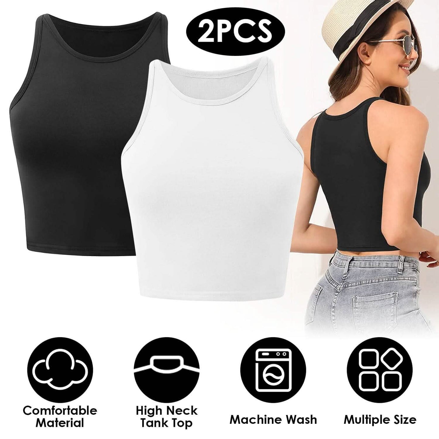 2-Piece: Women Sleeveless Cropped Tank top High Neck DailySale