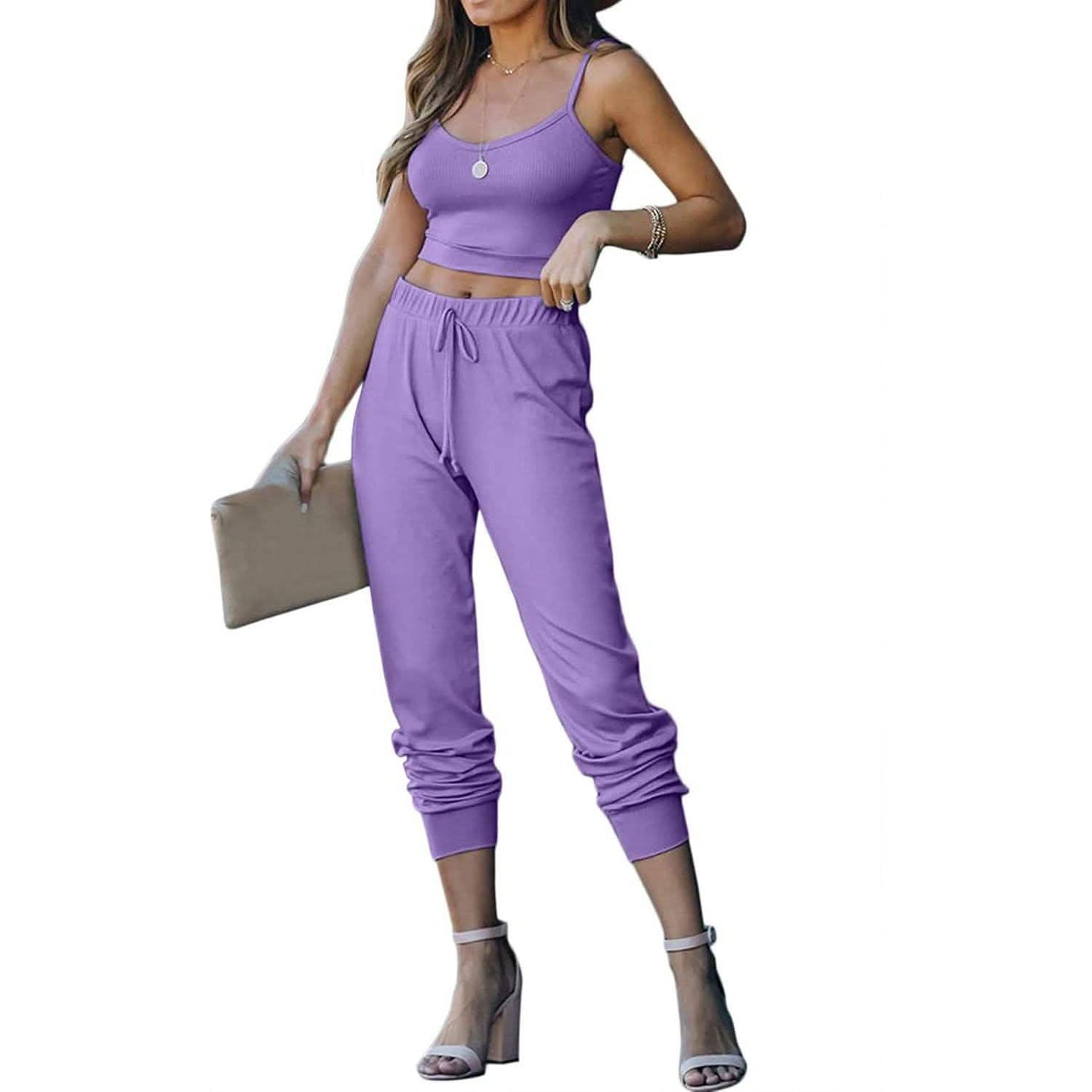 2-Piece: Women's Casual Outfit Ribbed Spaghetti Strap Top Ankle Length Joggers Sets DailySale