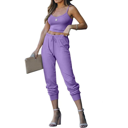 2-Piece: Women's Casual Outfit Ribbed Spaghetti Strap Top Ankle Length Joggers Sets DailySale