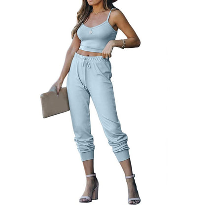 2-Piece: Women's Casual Outfit Ribbed Spaghetti Strap Top Ankle Length Joggers Sets DailySale