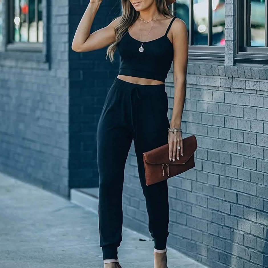 2-Piece: Women's Casual Outfit Ribbed Spaghetti Strap Top Ankle Length Joggers Sets DailySale