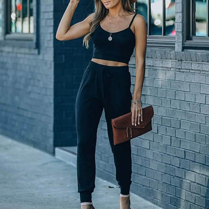 2-Piece: Women's Casual Outfit Ribbed Spaghetti Strap Top Ankle Length Joggers Sets DailySale