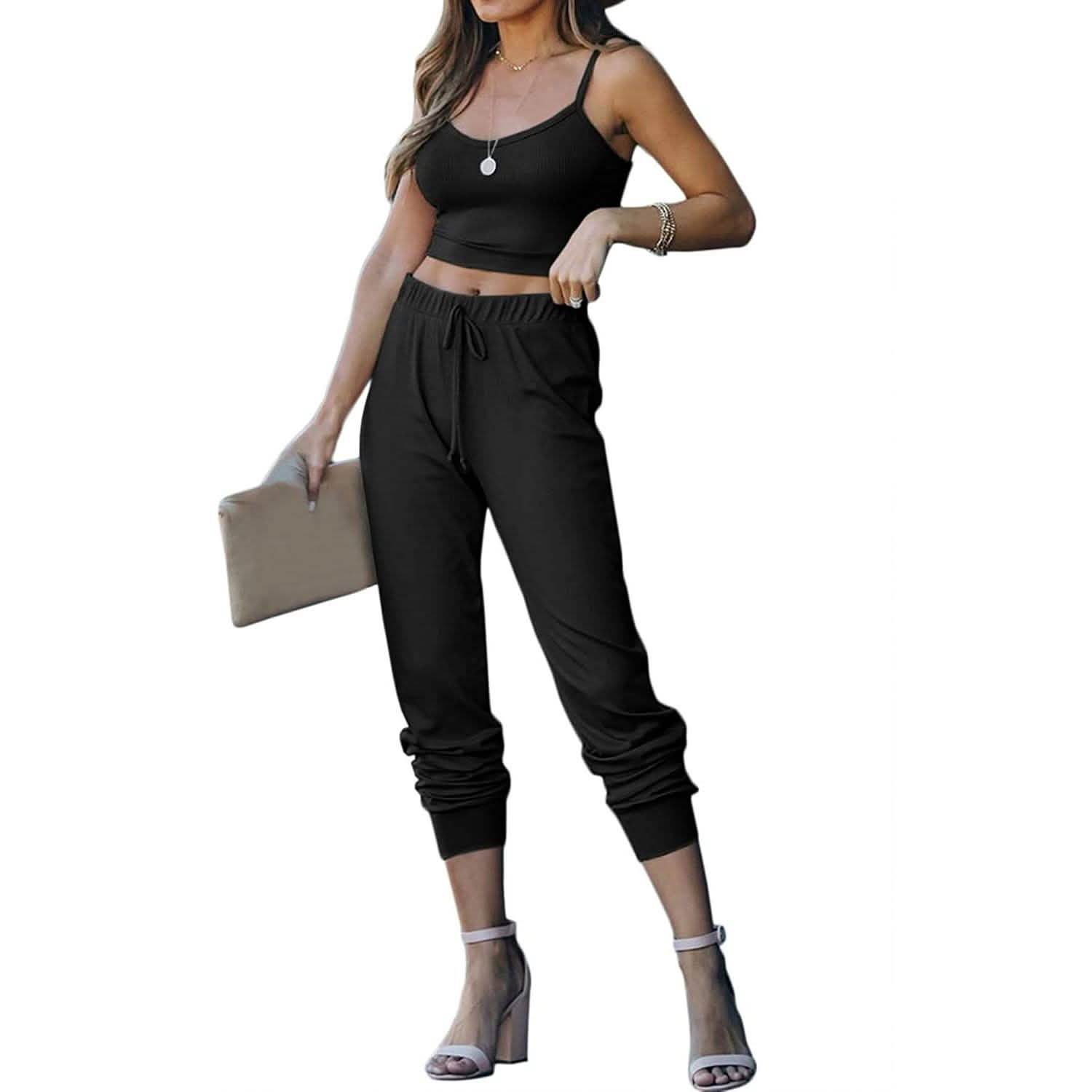 2-Piece: Women's Casual Outfit Ribbed Spaghetti Strap Top Ankle Length Joggers Sets DailySale