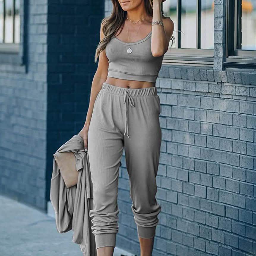 2-Piece: Women's Casual Outfit Ribbed Spaghetti Strap Top Ankle Length Joggers Sets DailySale