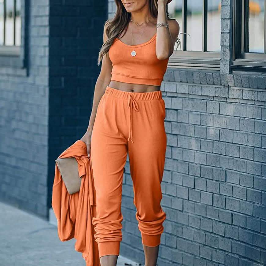 2-Piece: Women's Casual Outfit Ribbed Spaghetti Strap Top Ankle Length Joggers Sets DailySale