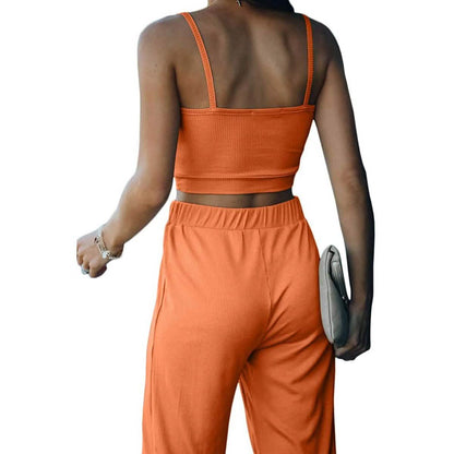 2-Piece: Women's Casual Outfit Ribbed Spaghetti Strap Top Ankle Length Joggers Sets DailySale