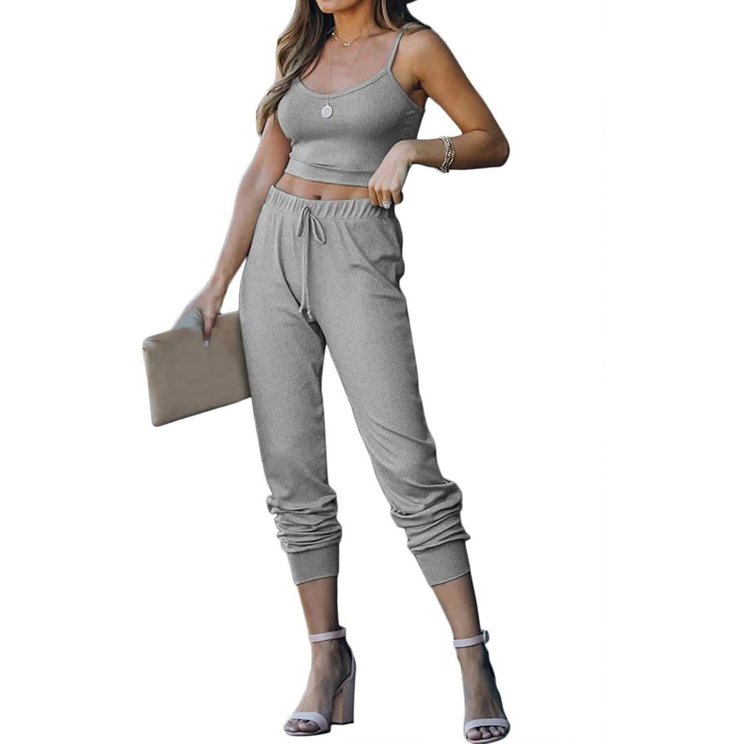 2-Piece: Women's Casual Outfit Ribbed Spaghetti Strap Top Ankle Length Joggers Sets DailySale