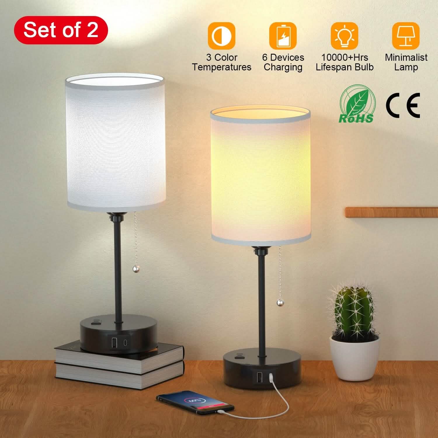 2-Pieces: Bedside Lamps 3 Color Modes USB C+A AC Output Ports Pull Chain DailySale