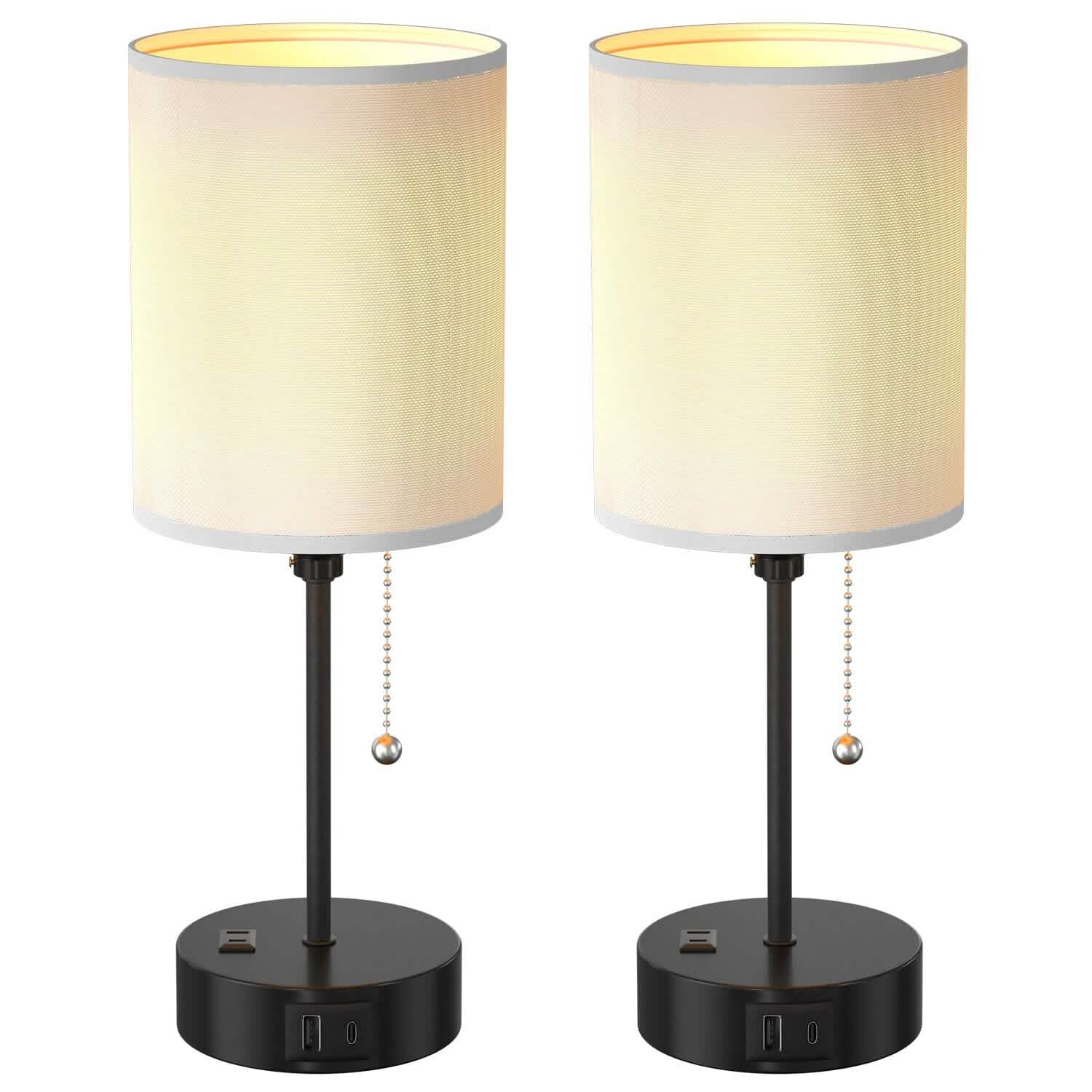 2-Pieces: Bedside Lamps 3 Color Modes USB C+A AC Output Ports Pull Chain DailySale