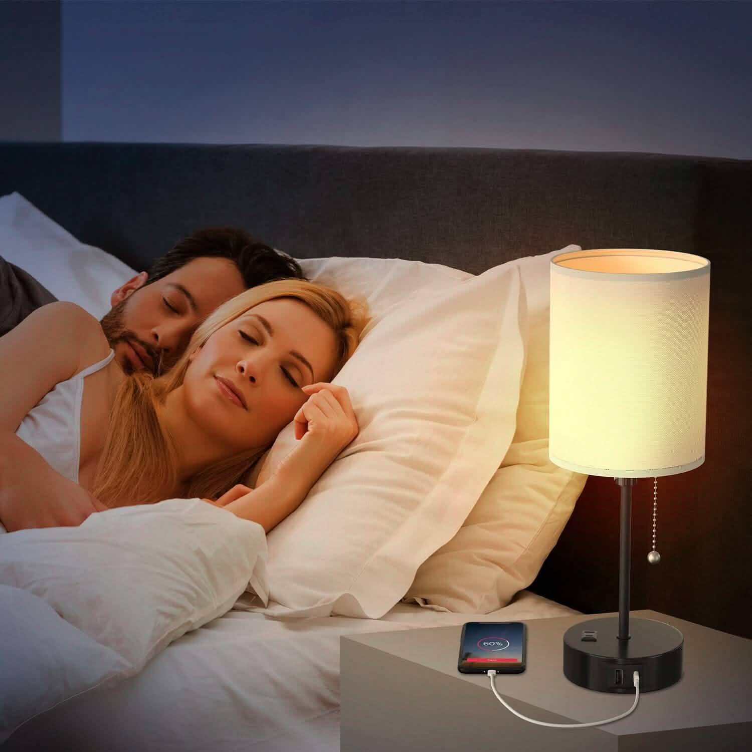 2-Pieces: Bedside Lamps 3 Color Modes USB C+A AC Output Ports Pull Chain DailySale