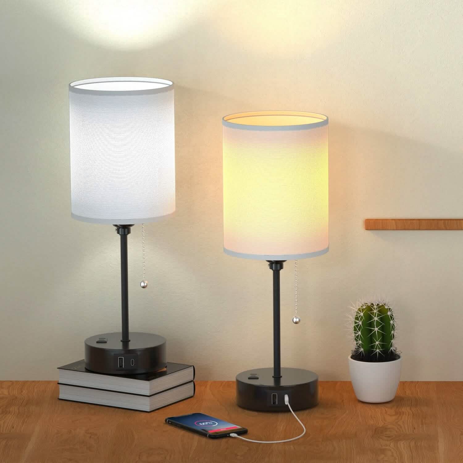 2-Pieces: Bedside Lamps 3 Color Modes USB C+A AC Output Ports Pull Chain DailySale