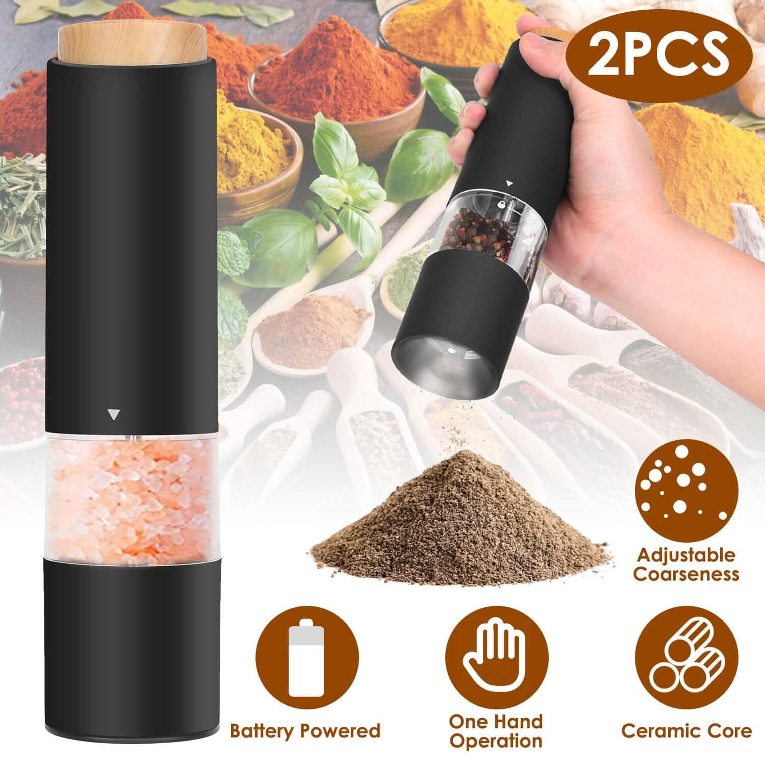 2-Pieces: Electric Salt and Pepper Grinder Battery Powered with Adjustable Coarseness DailySale