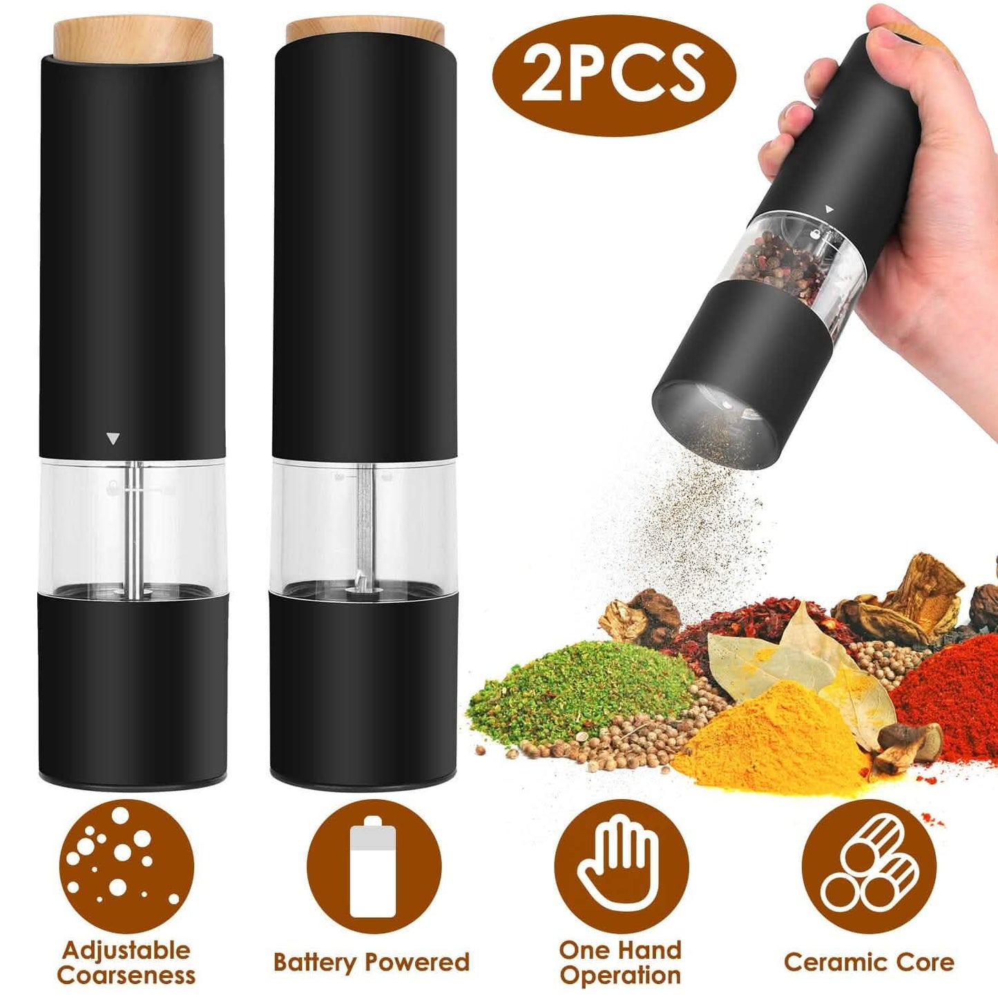 2-Pieces: Electric Salt and Pepper Grinder Battery Powered with Adjustable Coarseness DailySale