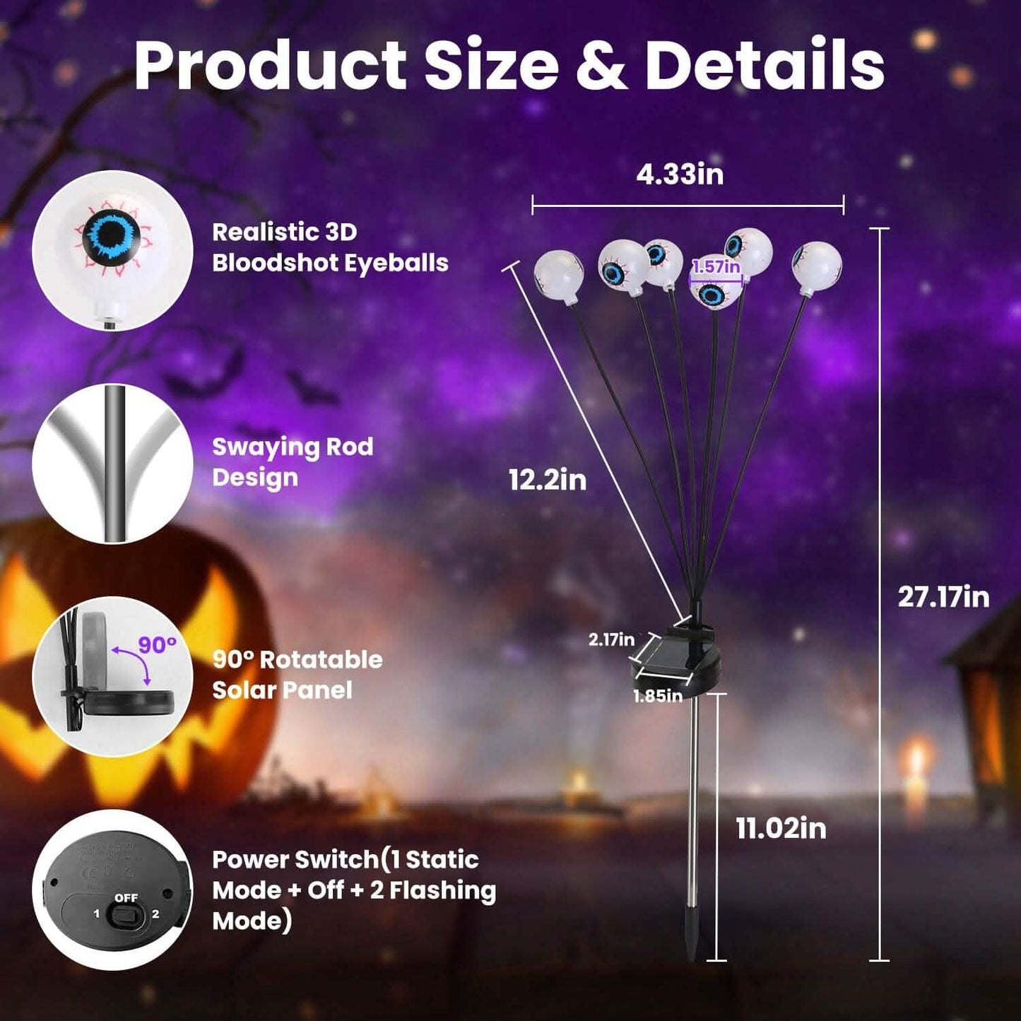 2-Pieces: Solar Scary Eyeball Lights Halloween Decoration Swaying Light DailySale