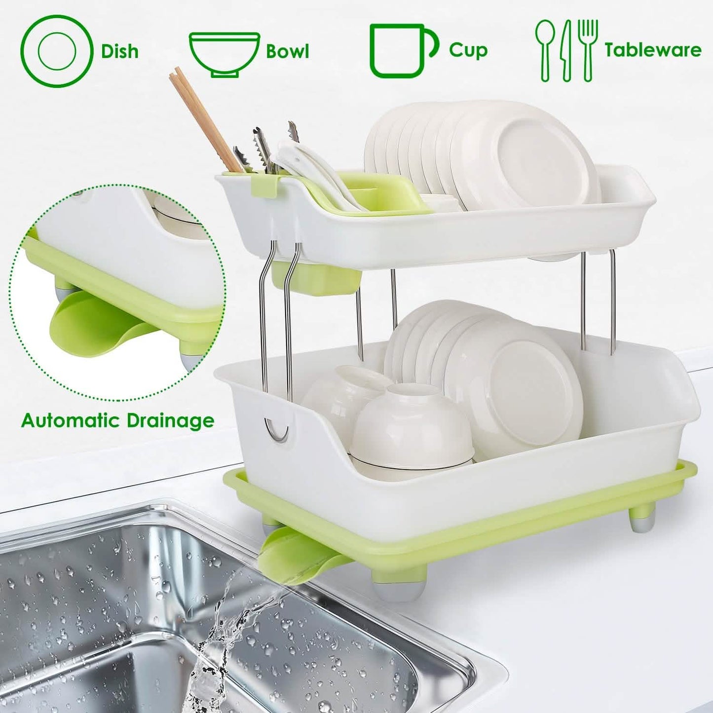 2-Tier Dish Drying Rack Cutlery Drainer DailySale
