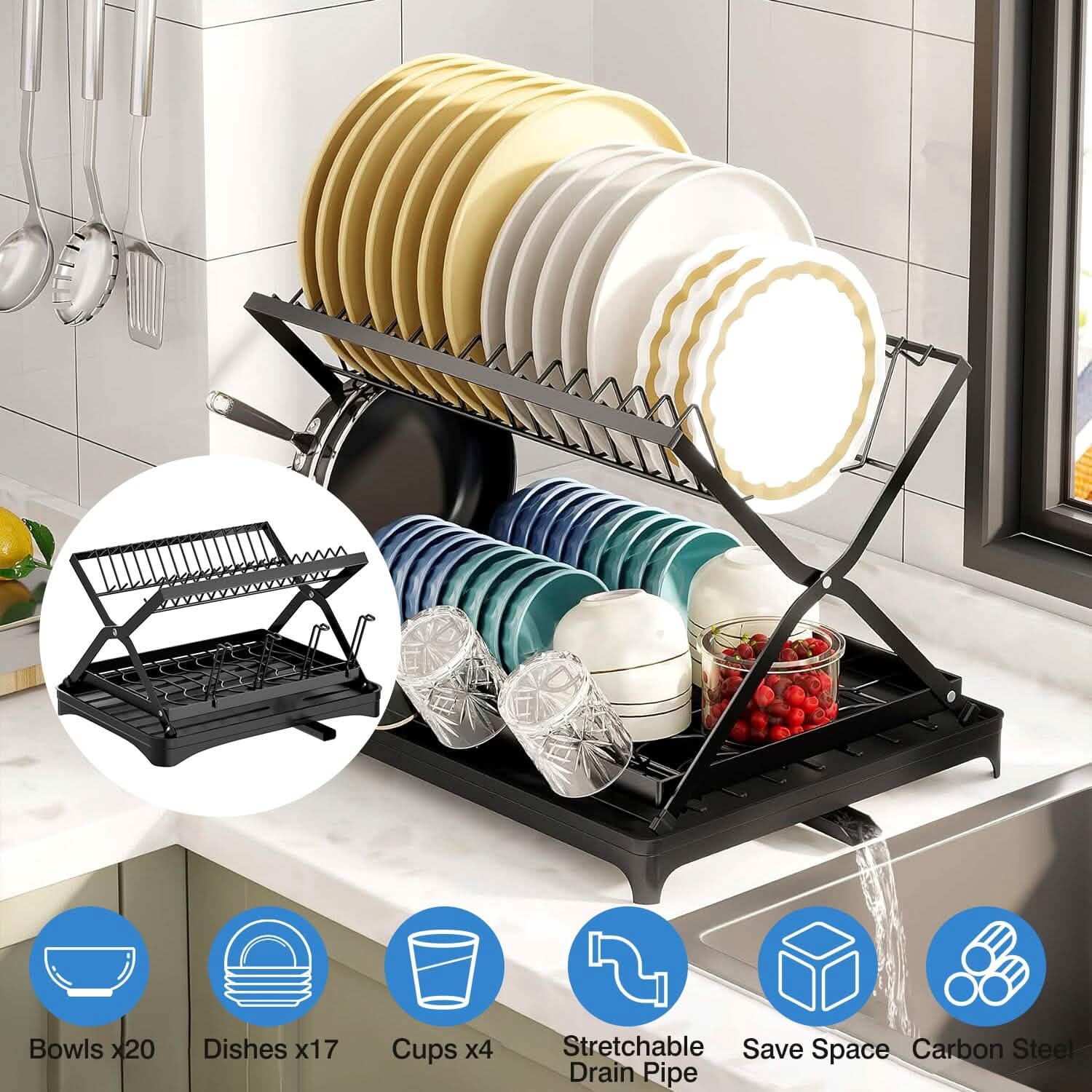 2-Tier Dish Drying Rack with Cup Holder and Drainboard DailySale