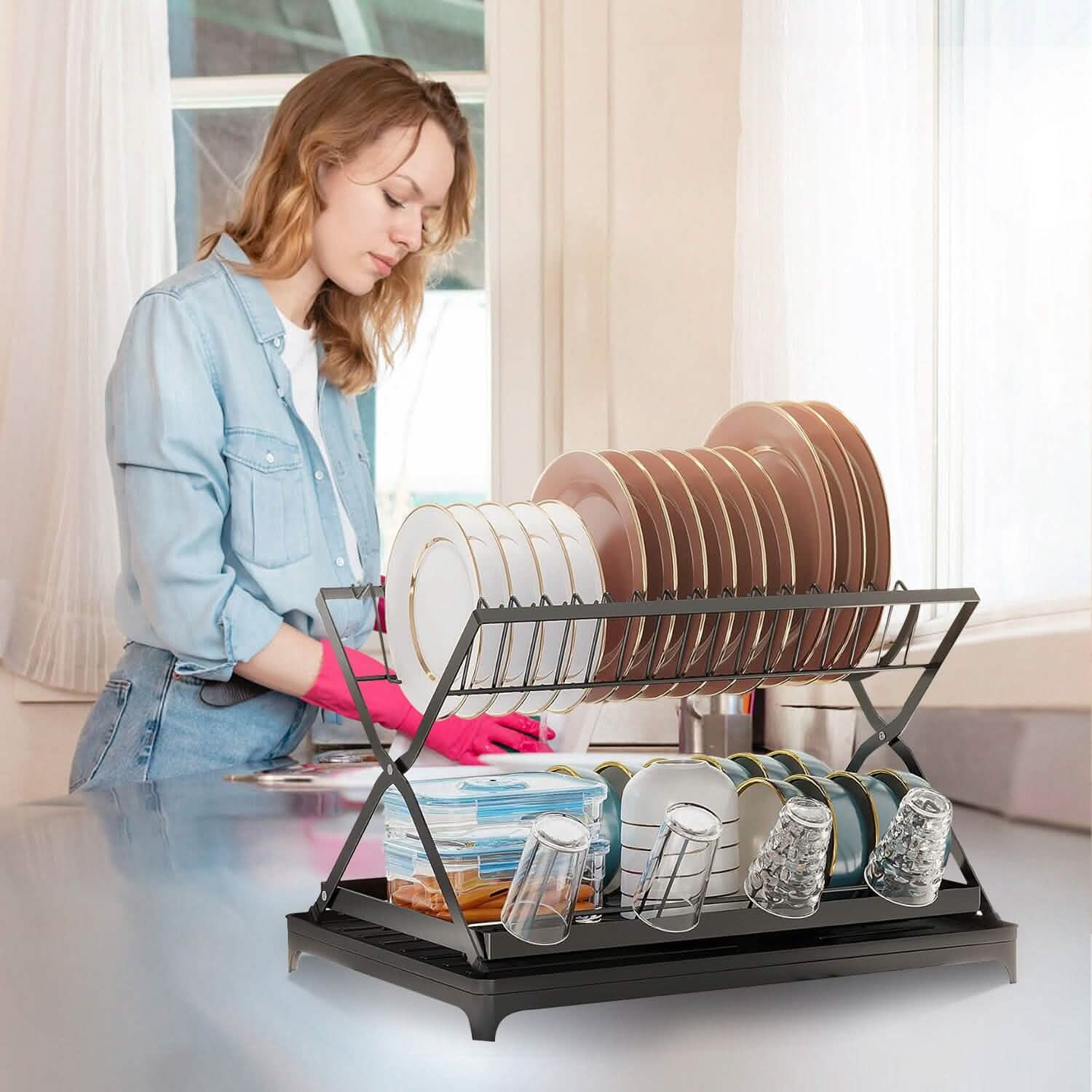 2-Tier Dish Drying Rack with Cup Holder and Drainboard DailySale